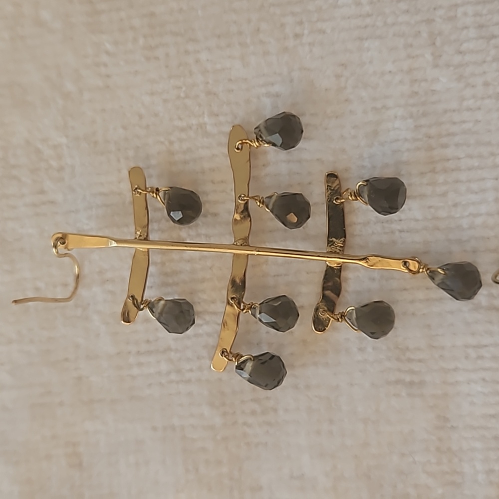 ANTHROPOLOGIE CRYSTAL DROP EARRINGS IN GOLD WITH GREENISH/GREY CRYSTALS $55